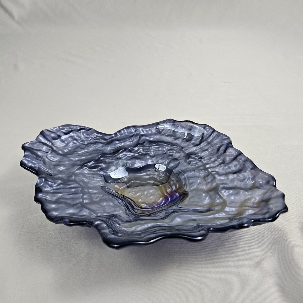 Vtg Akcam Oyster Shell Dish Iridescent Purple Art Glass Coastal Turkey
